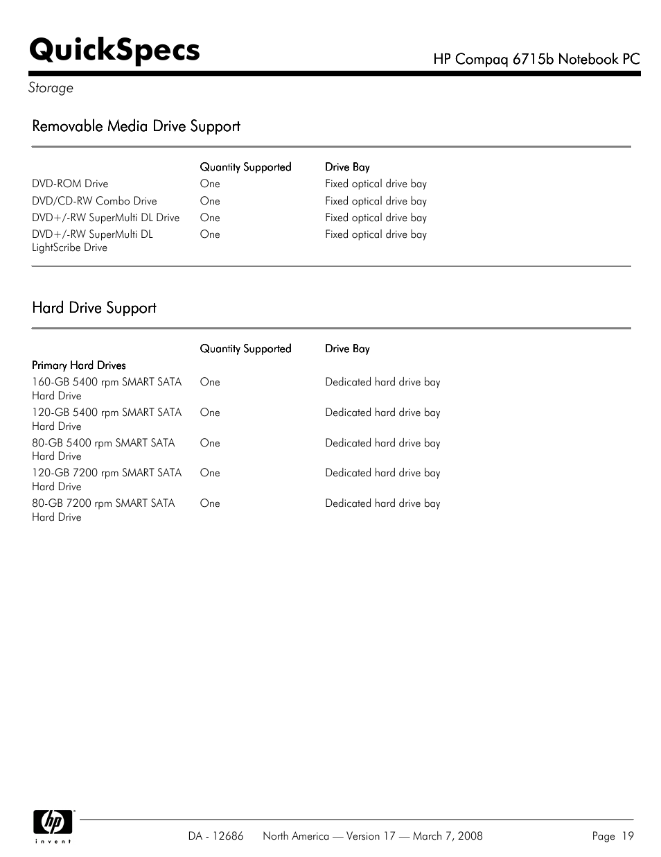 Storage, Quickspecs, Removable media drive support | Hard drive support | HP 6715B User Manual | Page 19 / 42
