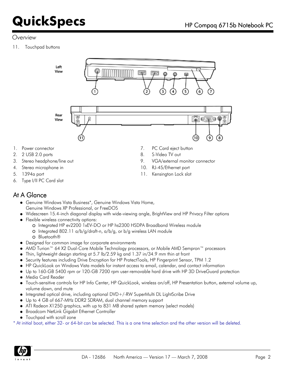 Quickspecs, At a glance | HP 6715B User Manual | Page 2 / 42