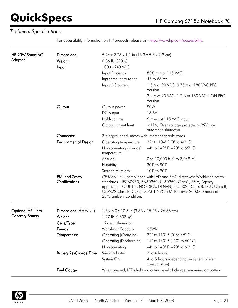 Quickspecs | HP 6715B User Manual | Page 21 / 42