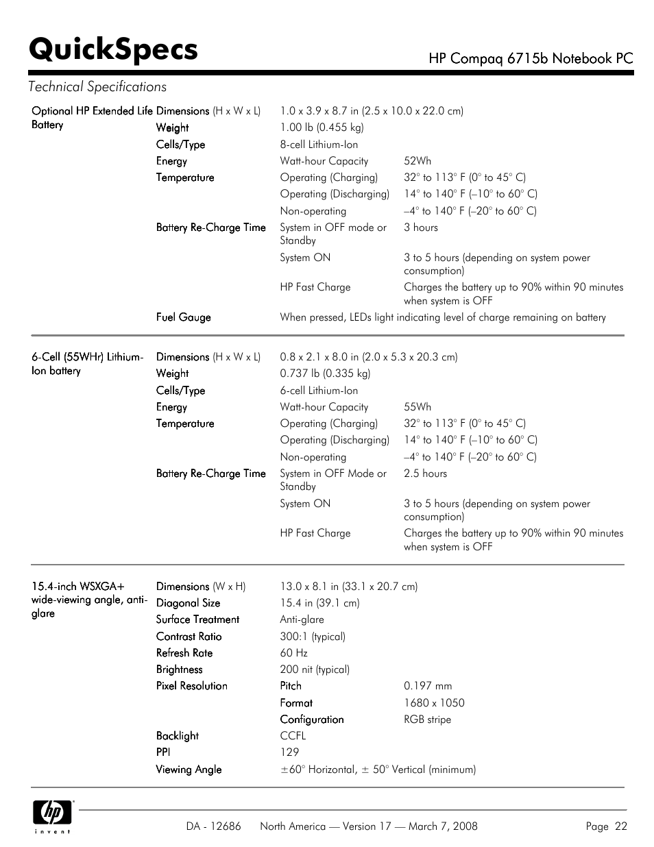 Quickspecs | HP 6715B User Manual | Page 22 / 42