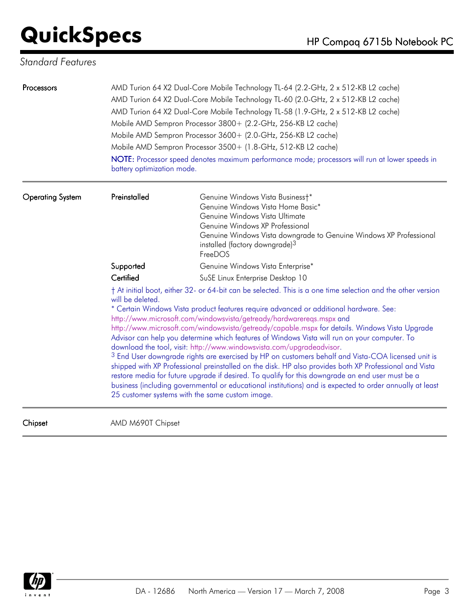 Standard features, Quickspecs | HP 6715B User Manual | Page 3 / 42