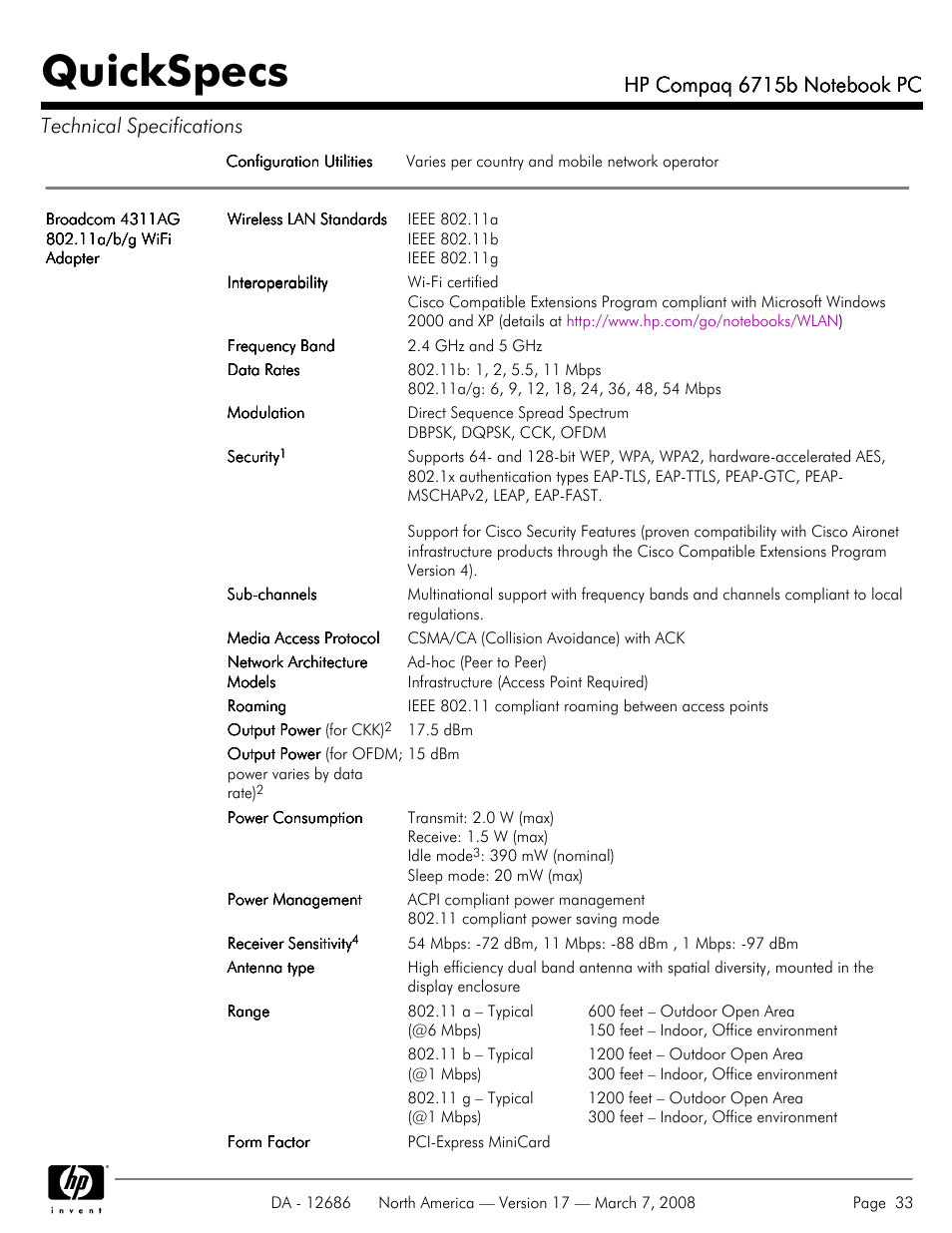 Quickspecs | HP 6715B User Manual | Page 33 / 42