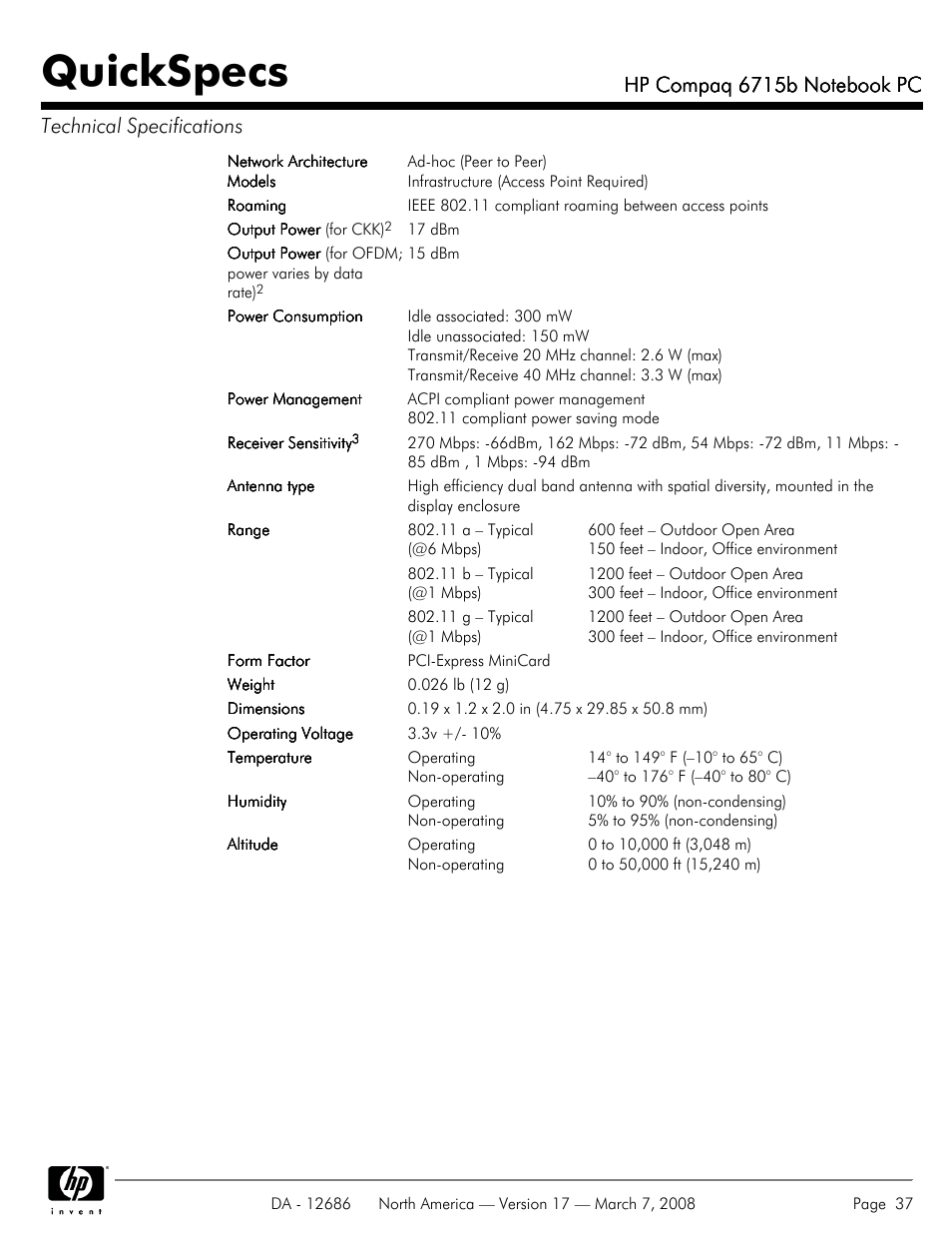Quickspecs | HP 6715B User Manual | Page 37 / 42