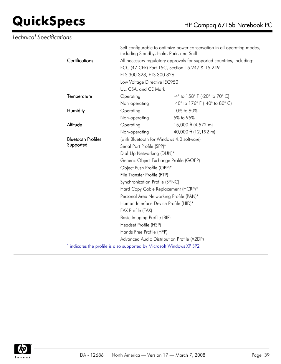 Quickspecs | HP 6715B User Manual | Page 39 / 42