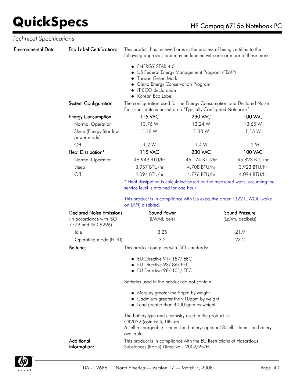 Quickspecs | HP 6715B User Manual | Page 40 / 42