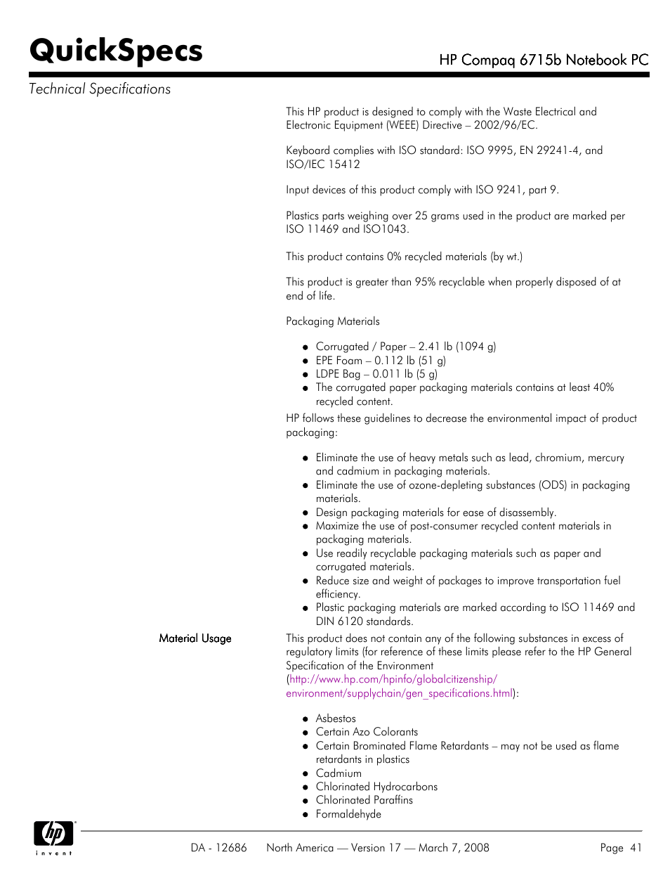 Quickspecs | HP 6715B User Manual | Page 41 / 42