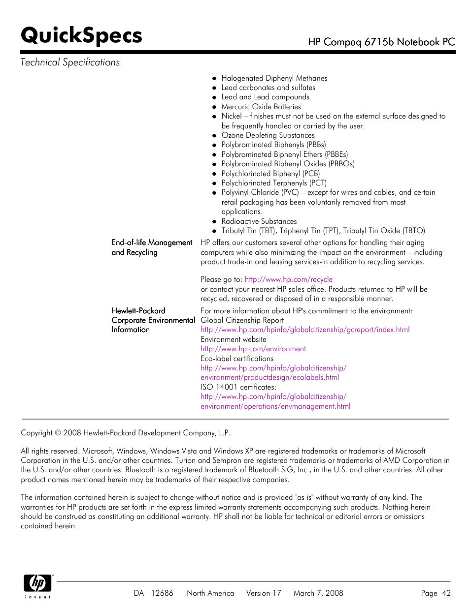 Quickspecs | HP 6715B User Manual | Page 42 / 42