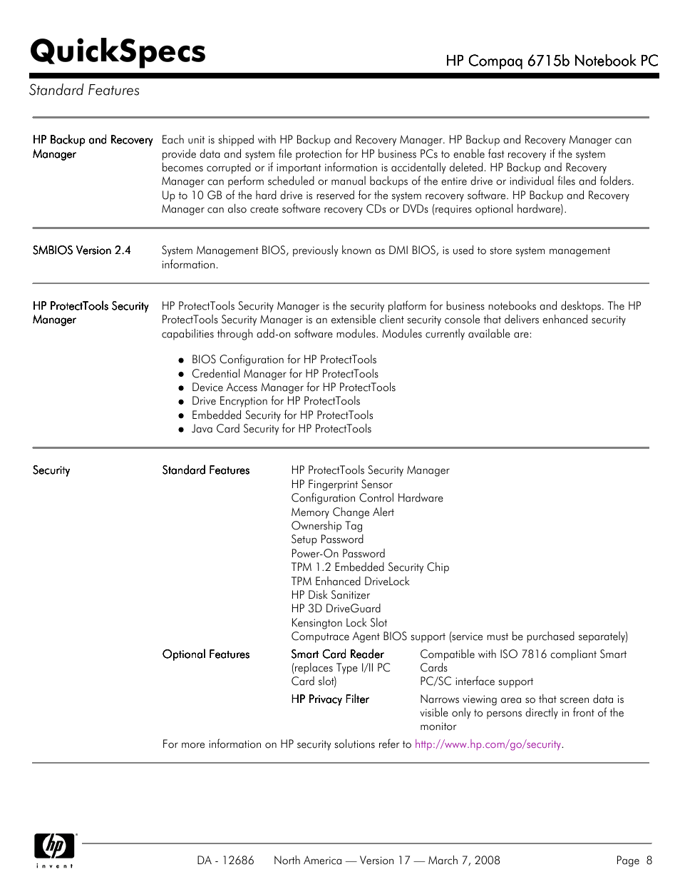 Quickspecs | HP 6715B User Manual | Page 8 / 42