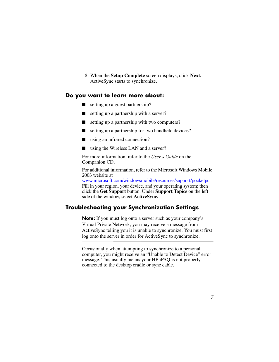 Do you want to learn more about, Troubleshooting your synchronization settings | HP IPAQ RX3000 User Manual | Page 11 / 60