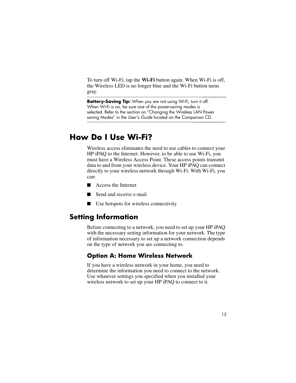 How do i use wi-fi, Setting information, Option a: home wireless network | HP IPAQ RX3000 User Manual | Page 19 / 60