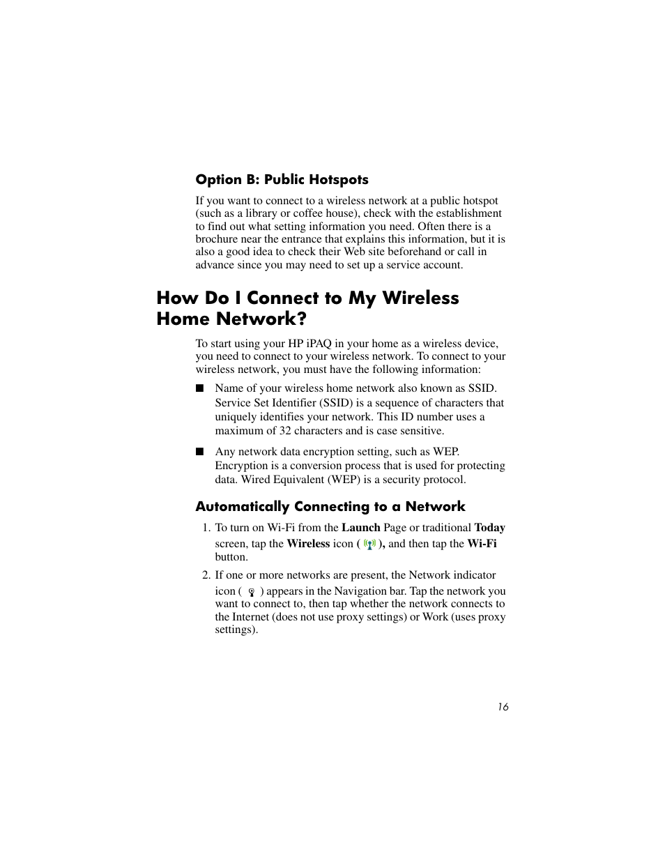 Option b: public hotspots, How do i connect to my wireless home network, Automatically connecting to a network | HP IPAQ RX3000 User Manual | Page 20 / 60
