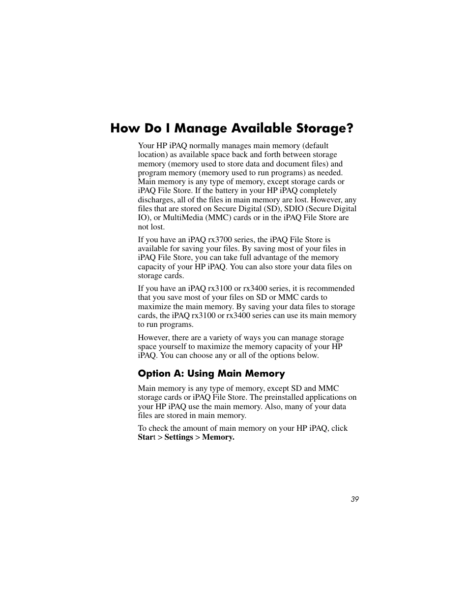 How do i manage available storage, Option a: using main memory | HP IPAQ RX3000 User Manual | Page 43 / 60