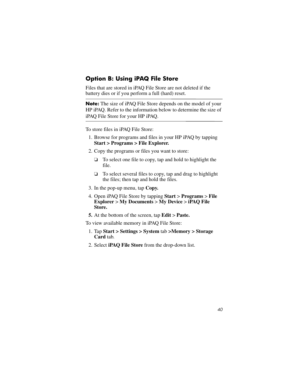 Option b: using ipaq file store | HP IPAQ RX3000 User Manual | Page 44 / 60