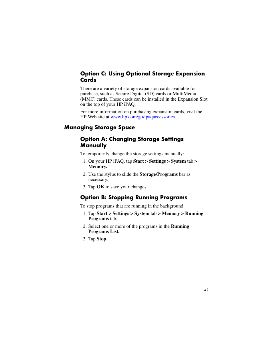 Option c: using optional storage expansion cards, Managing storage space, Option a: changing storage settings manually | Option b: stopping running programs | HP IPAQ RX3000 User Manual | Page 45 / 60