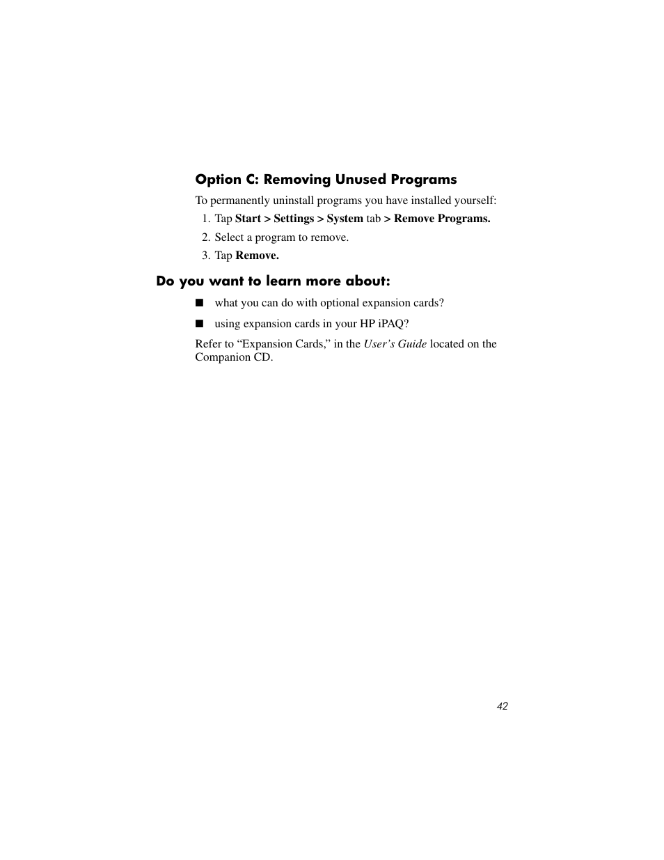 Option c: removing unused programs, Do you want to learn more about | HP IPAQ RX3000 User Manual | Page 46 / 60