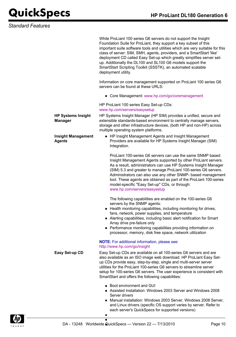 Quickspecs | HP PROLIANT DL180 User Manual | Page 10 / 53