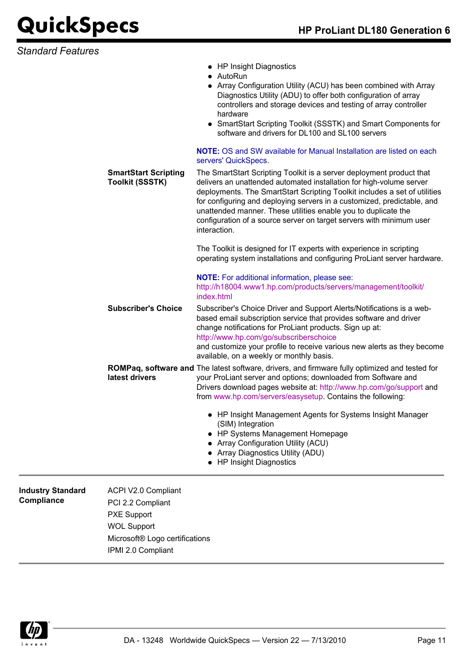 Quickspecs, Hp proliant dl180 generation 6 standard features | HP PROLIANT DL180 User Manual | Page 11 / 53