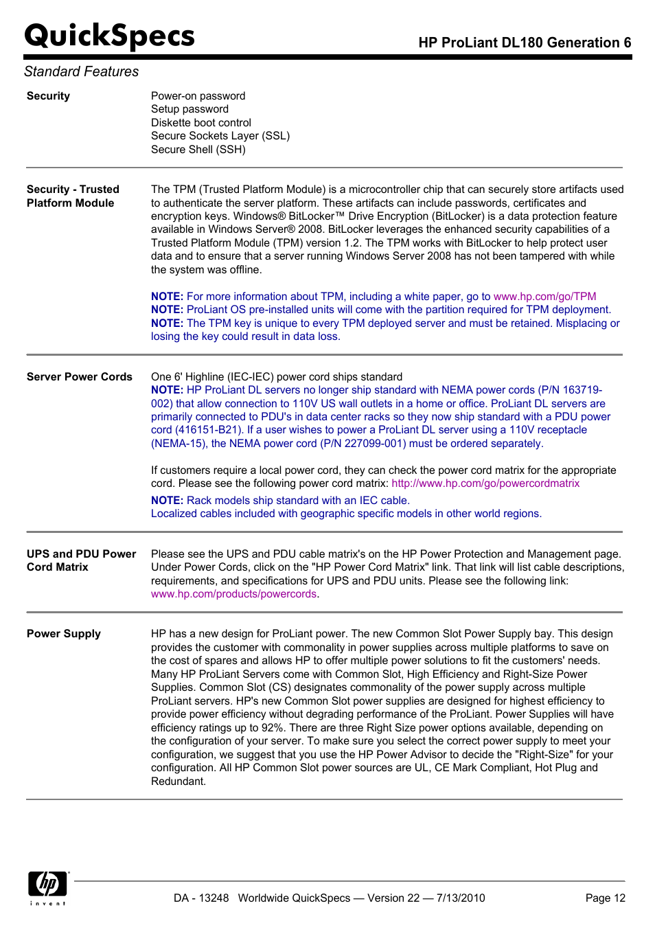 Quickspecs, Hp proliant dl180 generation 6 standard features | HP PROLIANT DL180 User Manual | Page 12 / 53