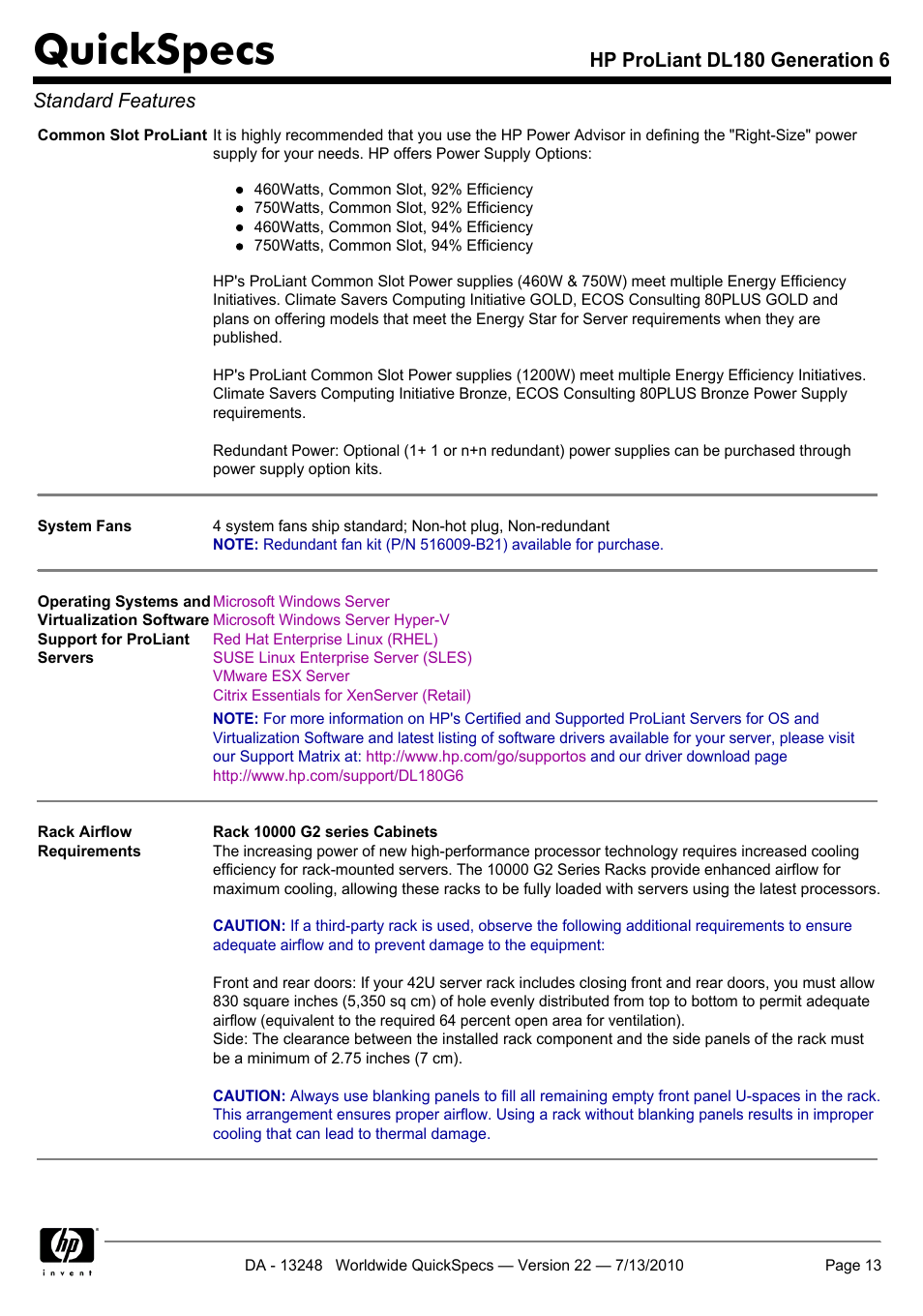 Quickspecs, Hp proliant dl180 generation 6 standard features | HP PROLIANT DL180 User Manual | Page 13 / 53