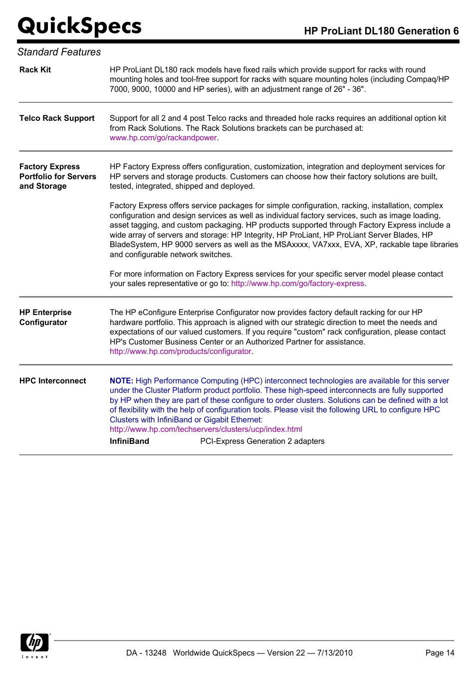 Quickspecs, Hp proliant dl180 generation 6 standard features | HP PROLIANT DL180 User Manual | Page 14 / 53