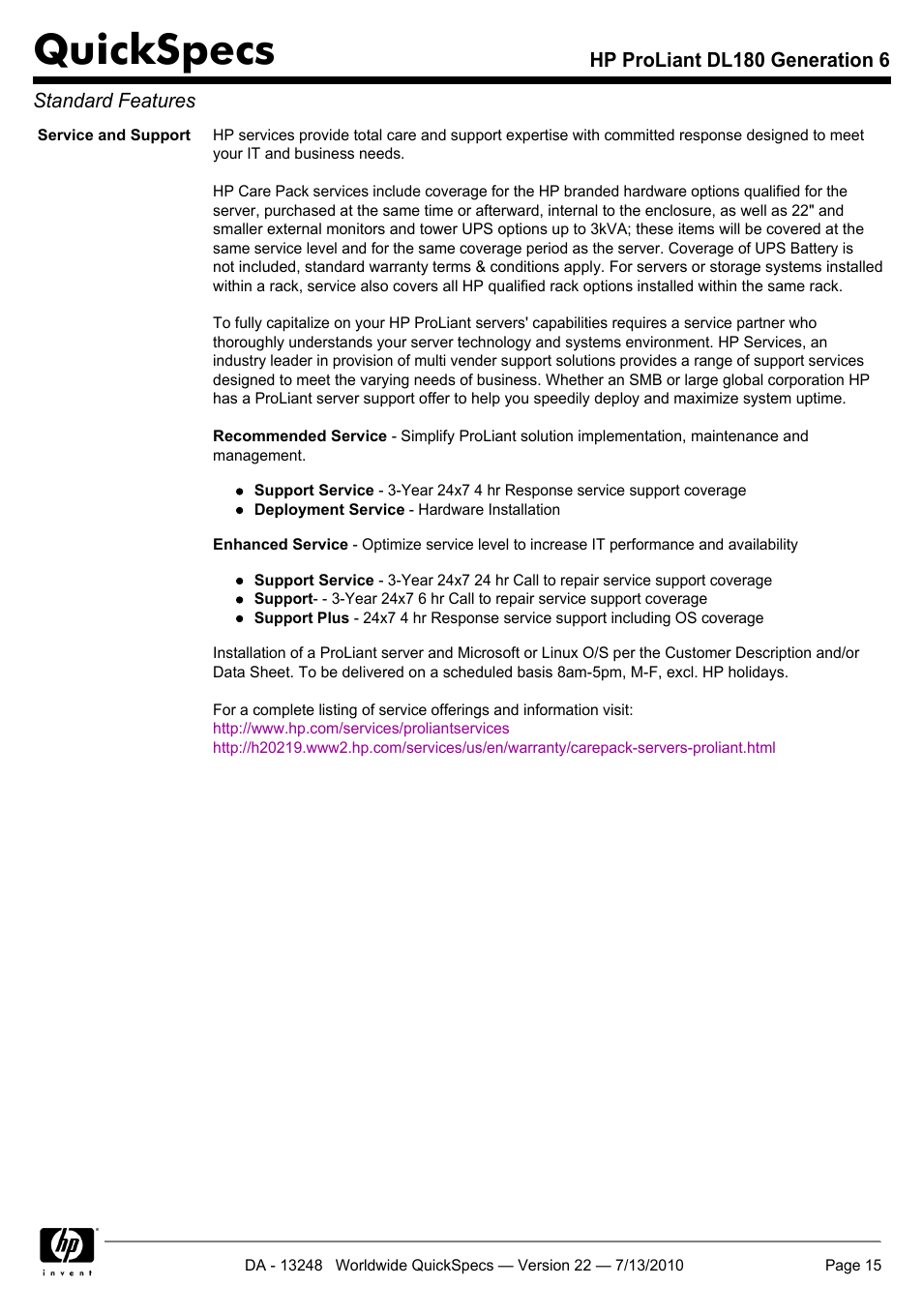 Quickspecs | HP PROLIANT DL180 User Manual | Page 15 / 53