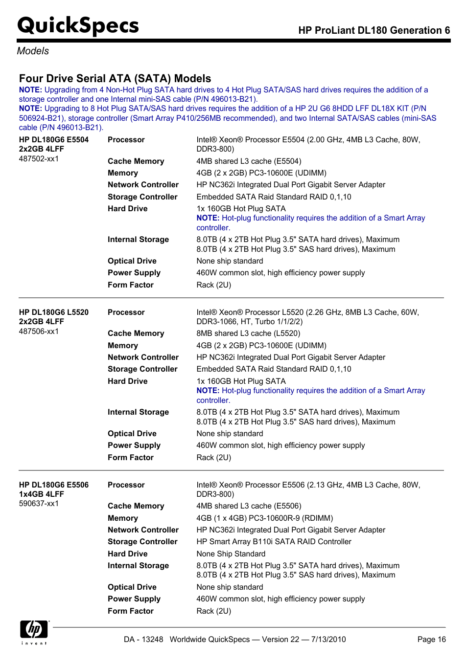 Models, Quickspecs, Four drive serial ata (sata) models | Hp proliant dl180 generation 6 models | HP PROLIANT DL180 User Manual | Page 16 / 53