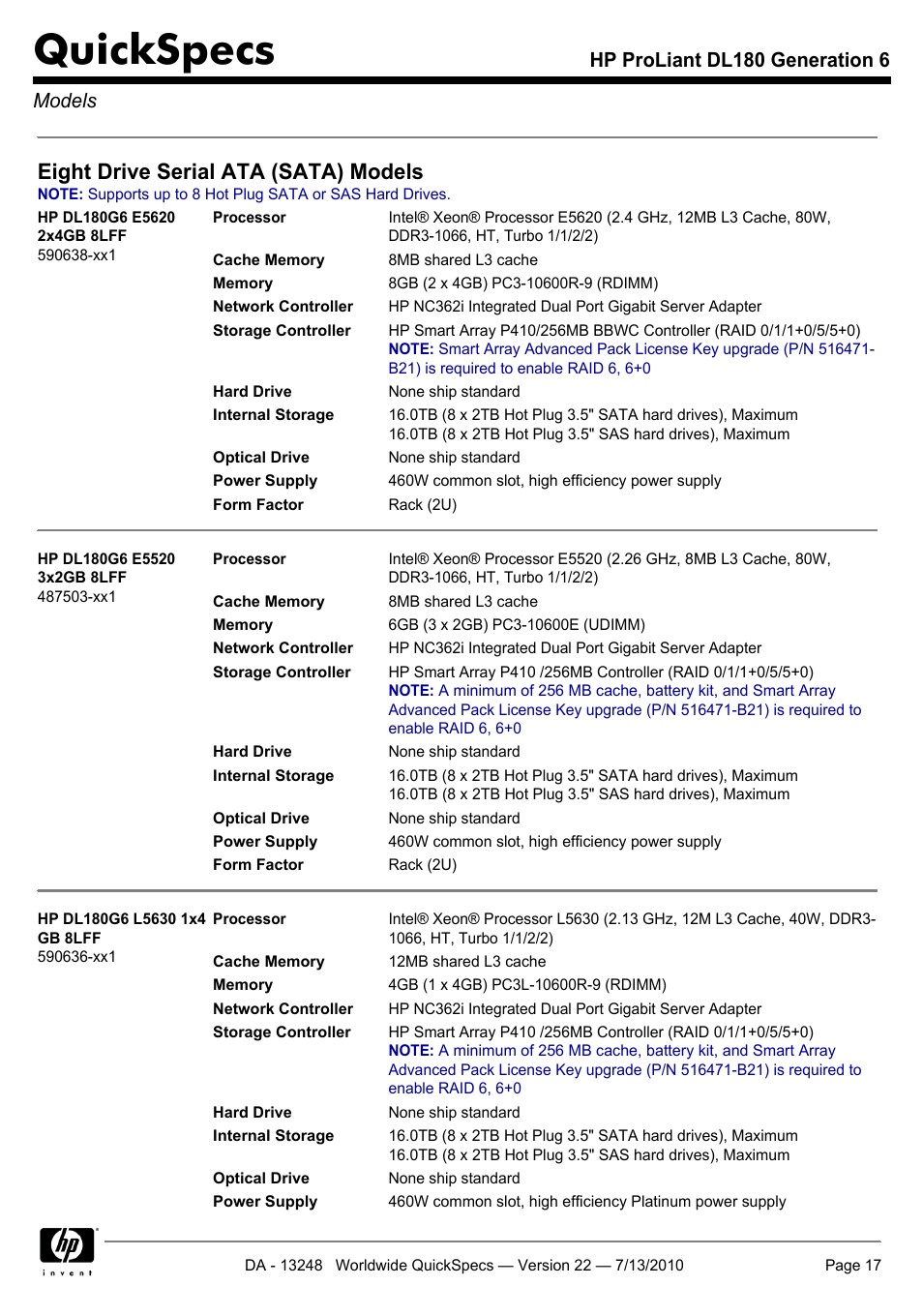 Quickspecs, Eight drive serial ata (sata) models, Hp proliant dl180 generation 6 models | HP PROLIANT DL180 User Manual | Page 17 / 53