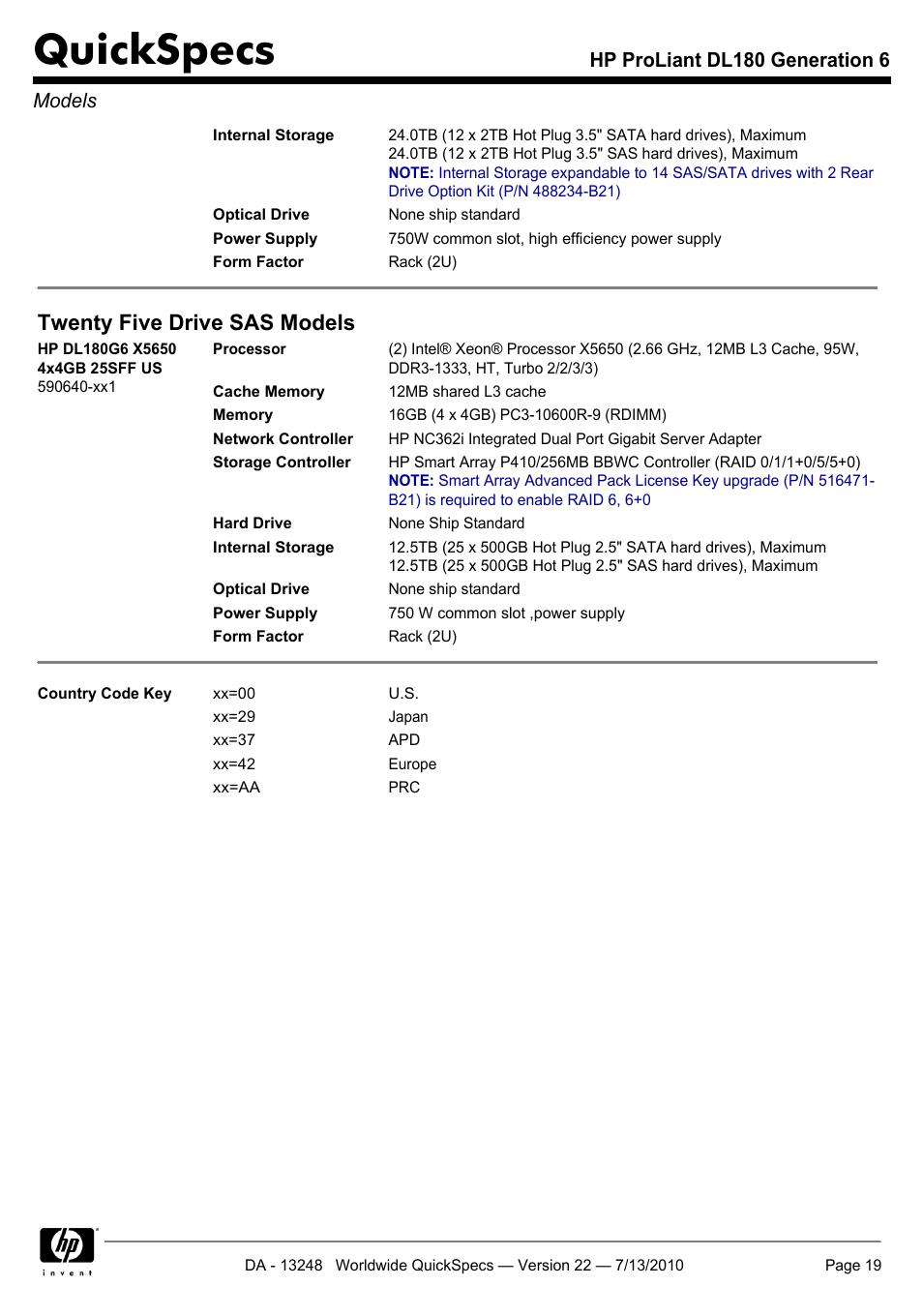 Quickspecs, Twenty five drive sas models, Hp proliant dl180 generation 6 models | HP PROLIANT DL180 User Manual | Page 19 / 53
