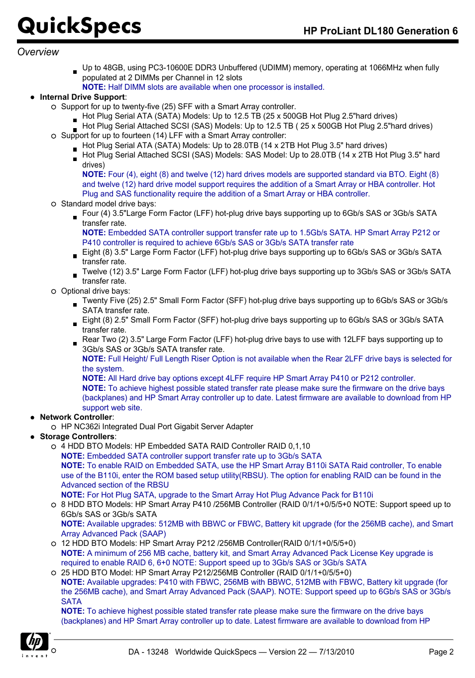 Quickspecs, Hp proliant dl180 generation 6 overview | HP PROLIANT DL180 User Manual | Page 2 / 53