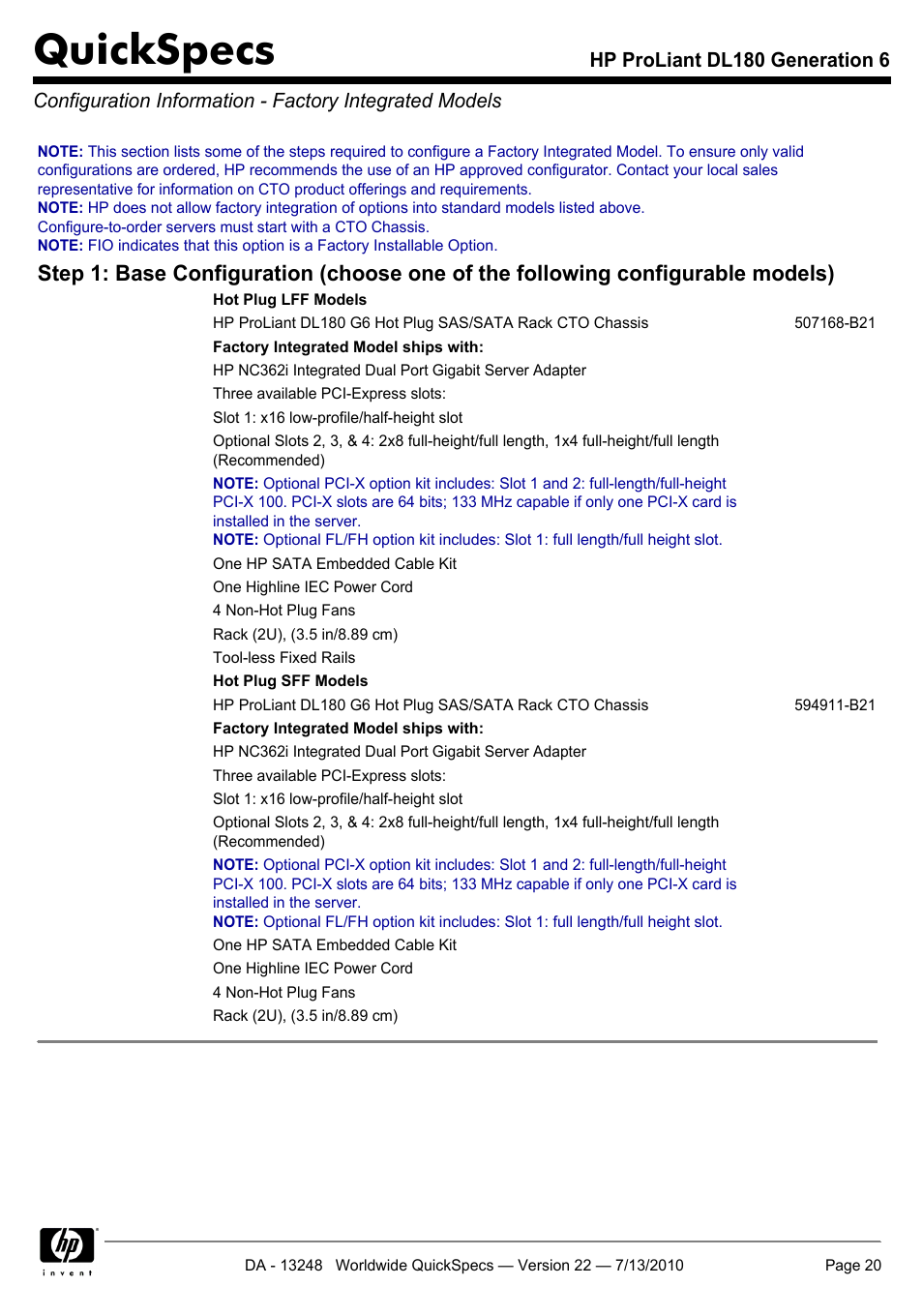 Quickspecs | HP PROLIANT DL180 User Manual | Page 20 / 53