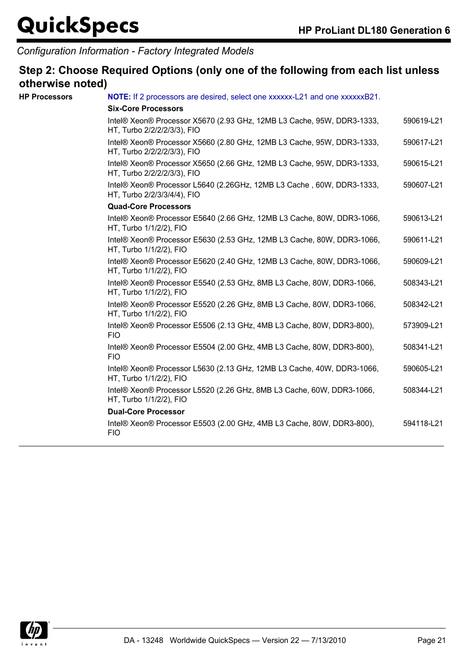 Quickspecs | HP PROLIANT DL180 User Manual | Page 21 / 53