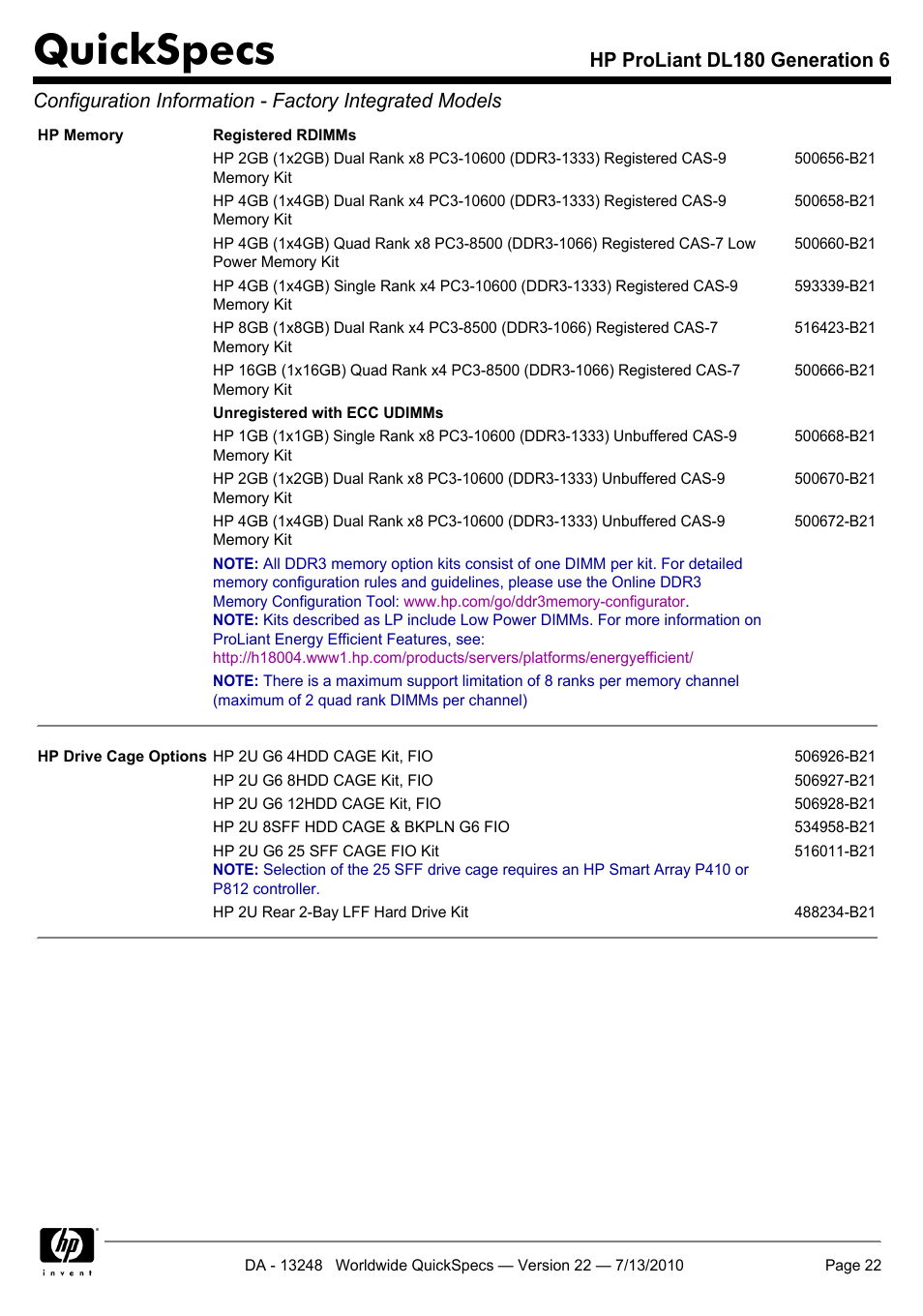 Quickspecs | HP PROLIANT DL180 User Manual | Page 22 / 53