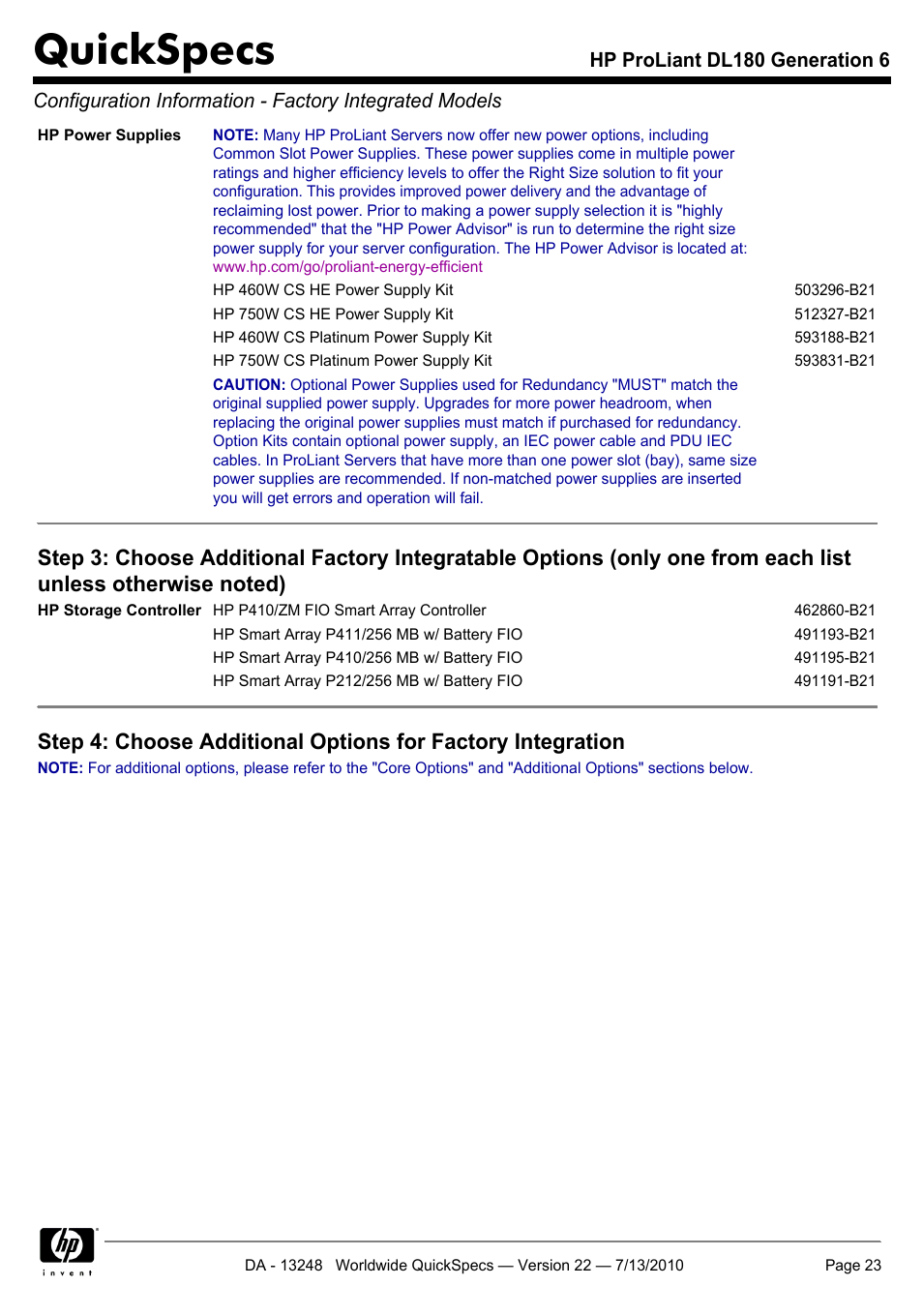 Quickspecs | HP PROLIANT DL180 User Manual | Page 23 / 53