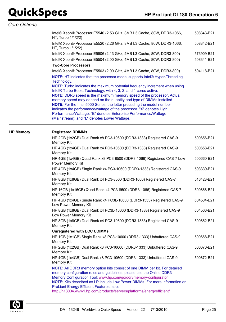Quickspecs, Hp proliant dl180 generation 6 core options | HP PROLIANT DL180 User Manual | Page 25 / 53