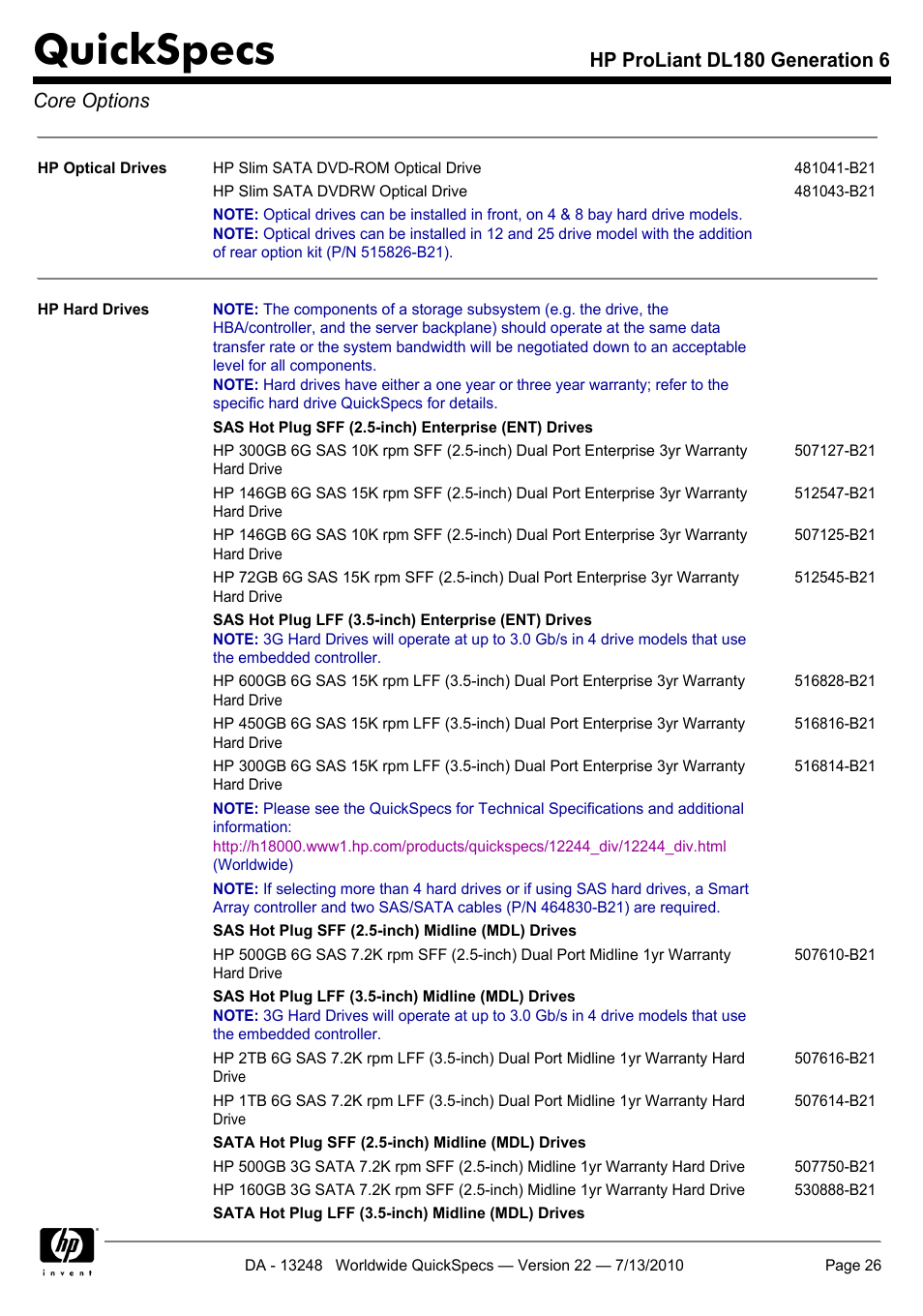 Quickspecs, Hp proliant dl180 generation 6 core options | HP PROLIANT DL180 User Manual | Page 26 / 53