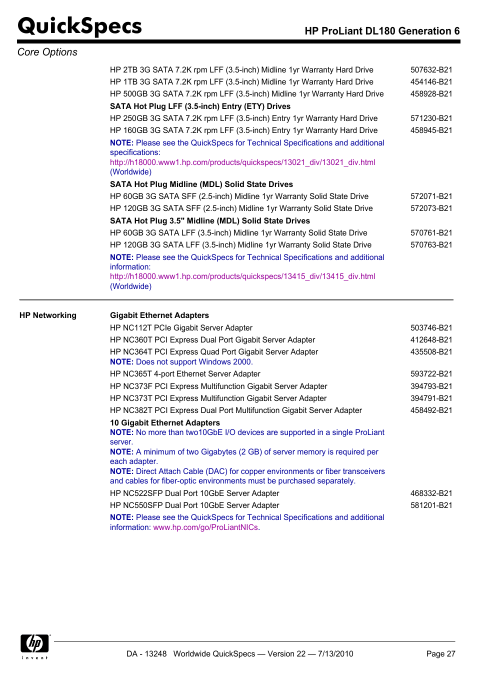 Quickspecs, Hp proliant dl180 generation 6 core options | HP PROLIANT DL180 User Manual | Page 27 / 53