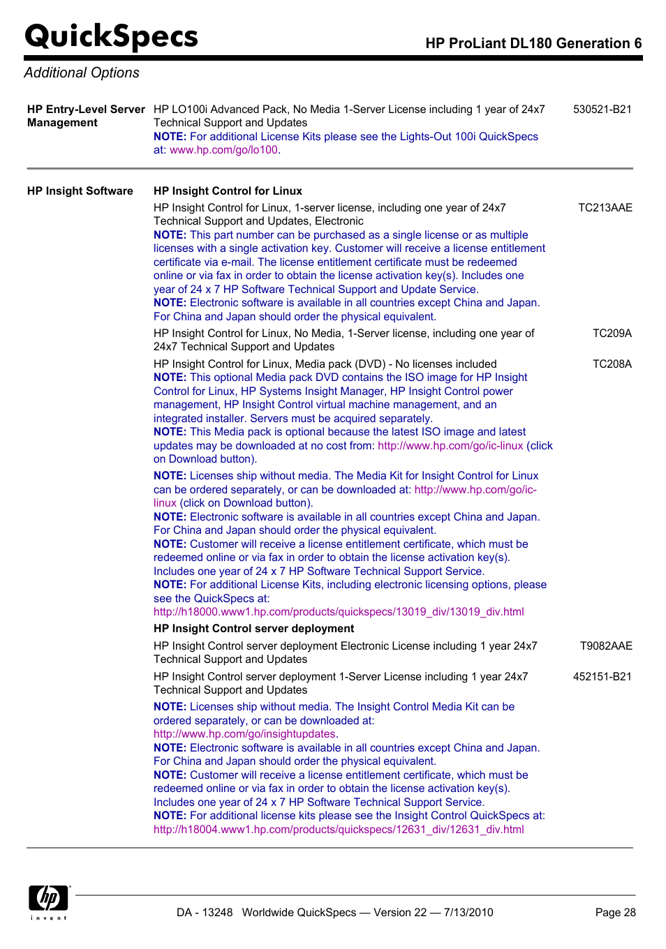 Additional options, Quickspecs, Hp proliant dl180 generation 6 additional options | HP PROLIANT DL180 User Manual | Page 28 / 53