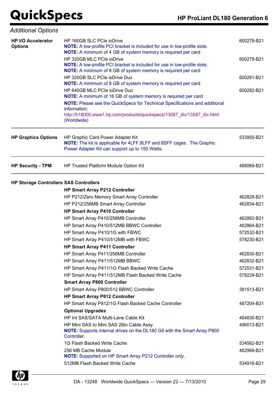 Quickspecs, Hp proliant dl180 generation 6 additional options | HP PROLIANT DL180 User Manual | Page 29 / 53