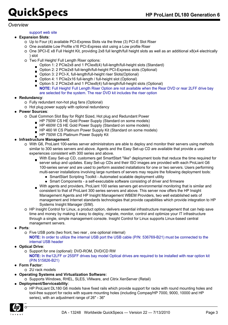 Quickspecs, Hp proliant dl180 generation 6 overview | HP PROLIANT DL180 User Manual | Page 3 / 53