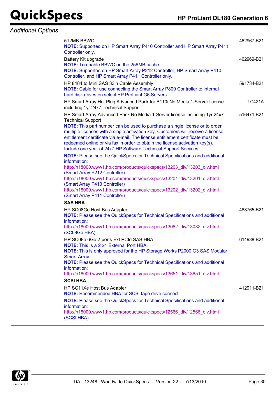Quickspecs, Hp proliant dl180 generation 6 additional options | HP PROLIANT DL180 User Manual | Page 30 / 53