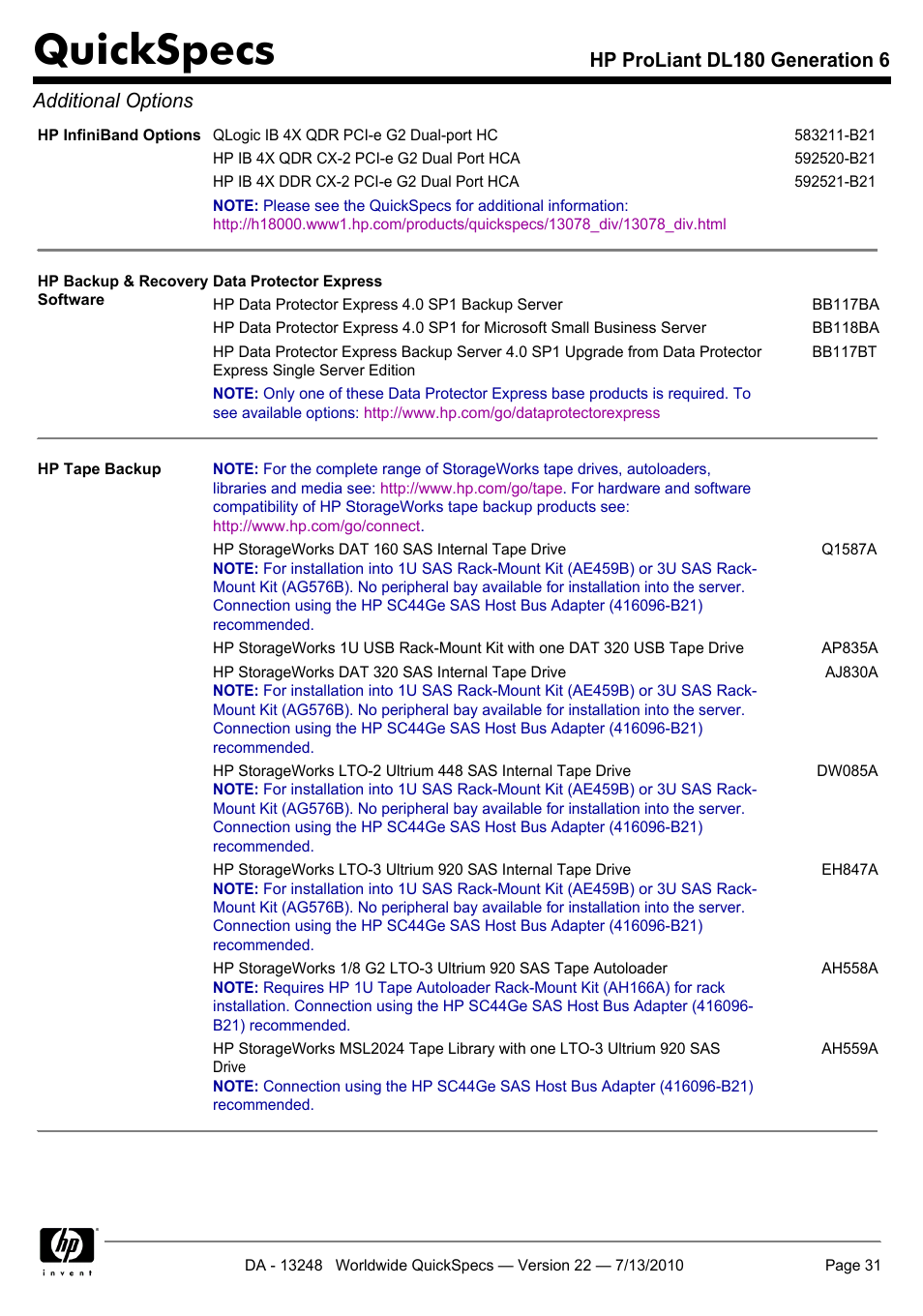 Quickspecs, Hp proliant dl180 generation 6 additional options | HP PROLIANT DL180 User Manual | Page 31 / 53