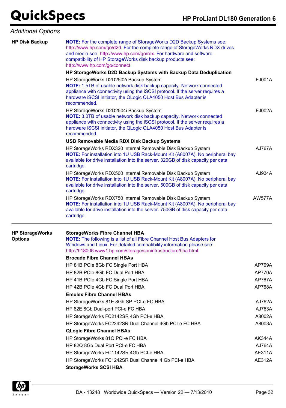 Quickspecs, Hp proliant dl180 generation 6 additional options | HP PROLIANT DL180 User Manual | Page 32 / 53