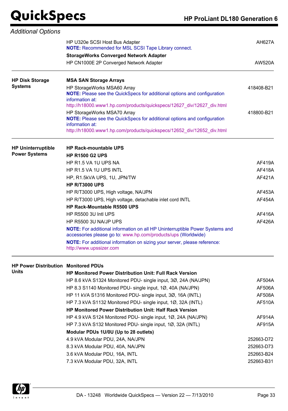 Quickspecs, Hp proliant dl180 generation 6 additional options | HP PROLIANT DL180 User Manual | Page 33 / 53