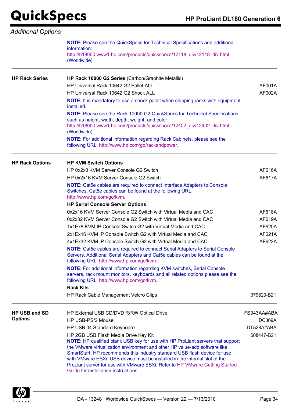 Quickspecs, Hp proliant dl180 generation 6 additional options | HP PROLIANT DL180 User Manual | Page 34 / 53
