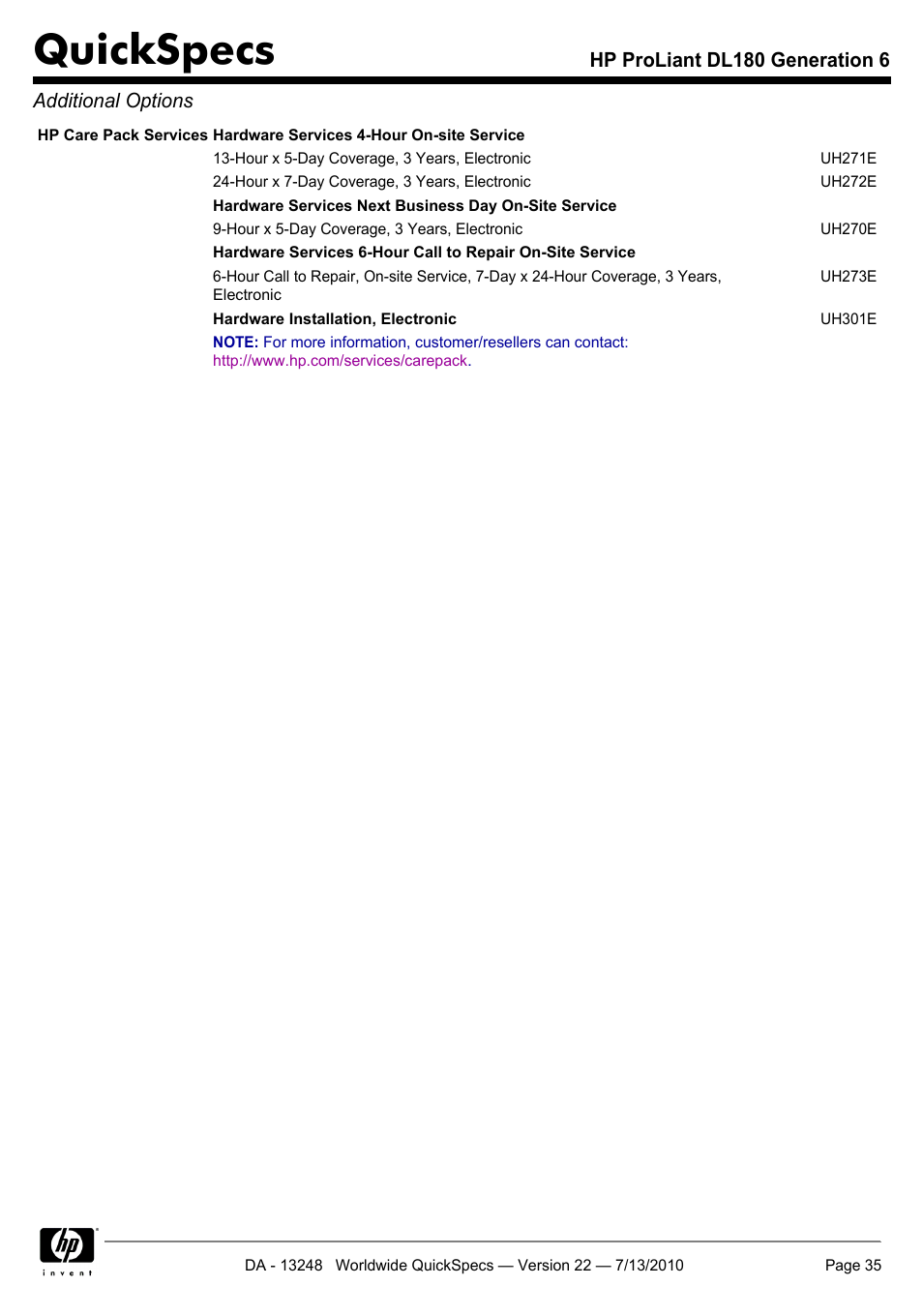 Quickspecs | HP PROLIANT DL180 User Manual | Page 35 / 53