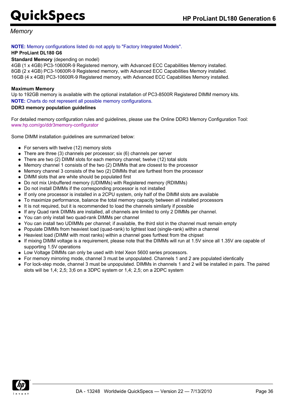 Memory, Quickspecs | HP PROLIANT DL180 User Manual | Page 36 / 53