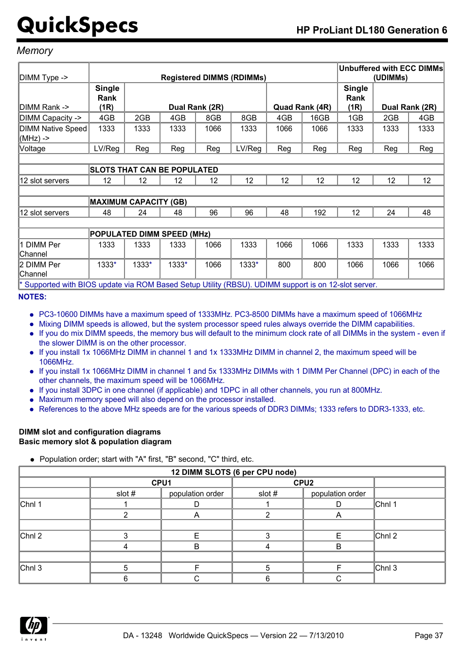 Quickspecs | HP PROLIANT DL180 User Manual | Page 37 / 53