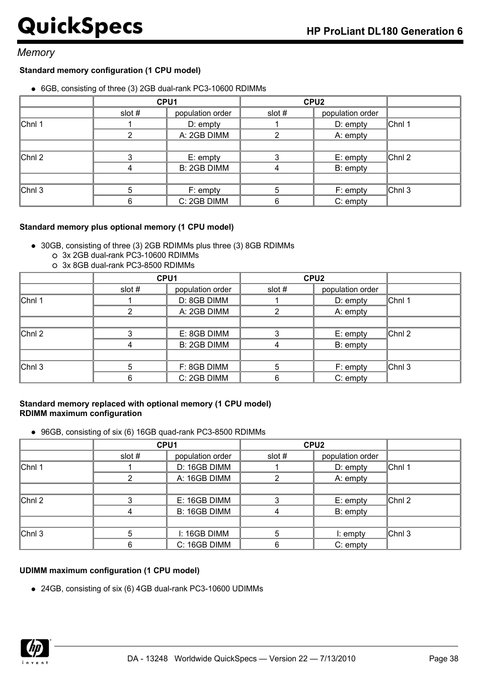 Quickspecs | HP PROLIANT DL180 User Manual | Page 38 / 53