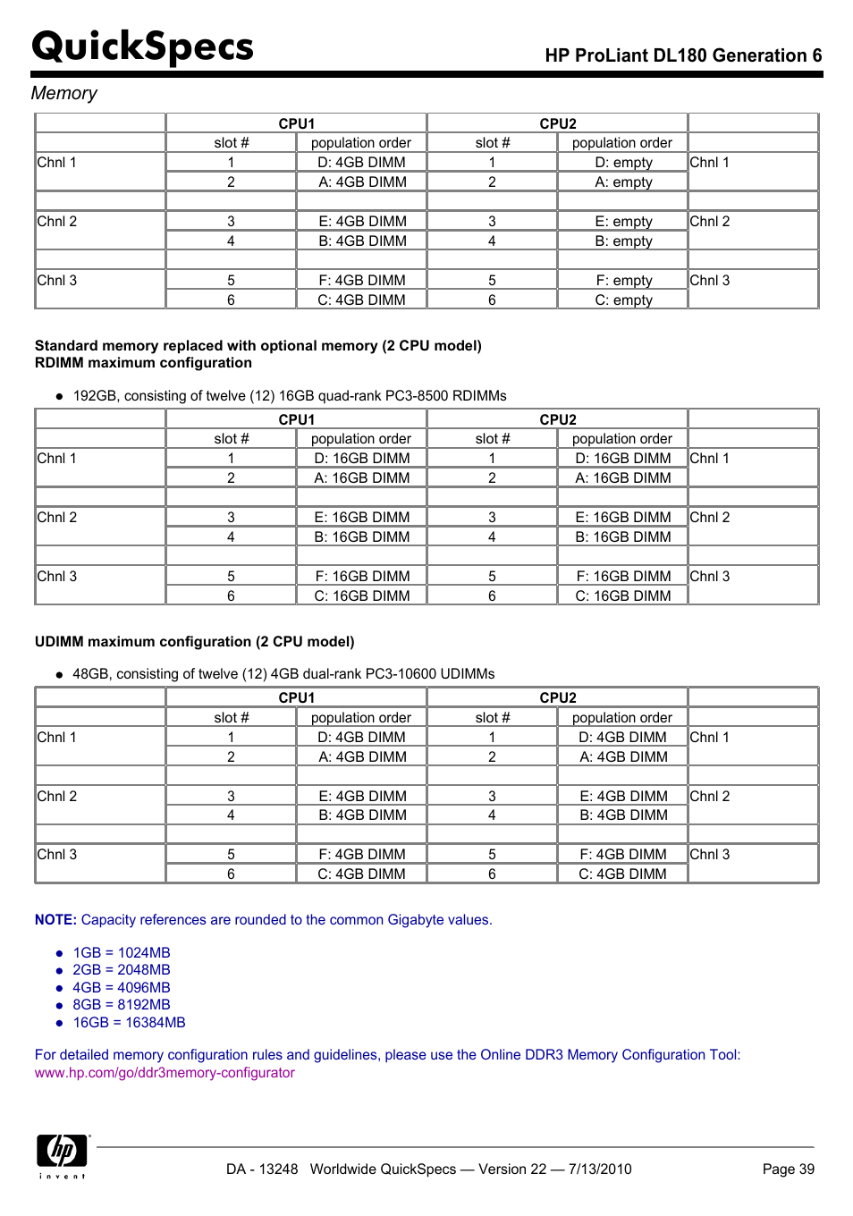 Quickspecs | HP PROLIANT DL180 User Manual | Page 39 / 53