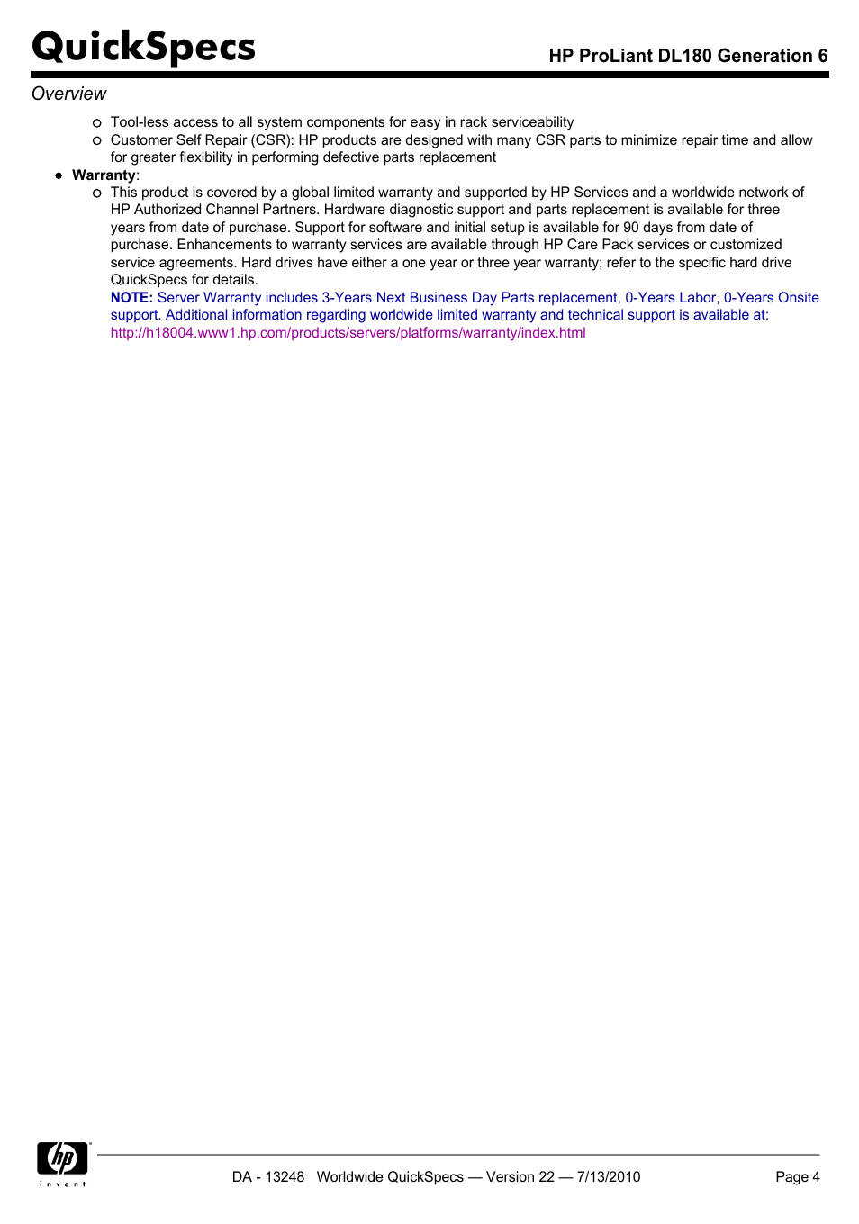 Quickspecs | HP PROLIANT DL180 User Manual | Page 4 / 53
